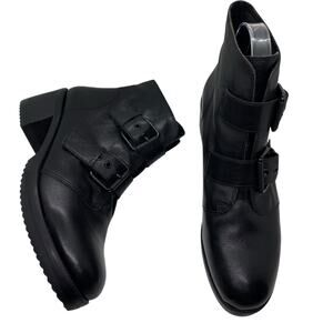 Kurt Geiger Leather Double Buckle Black Moto Ankle Boot Biker size 40 / US 9